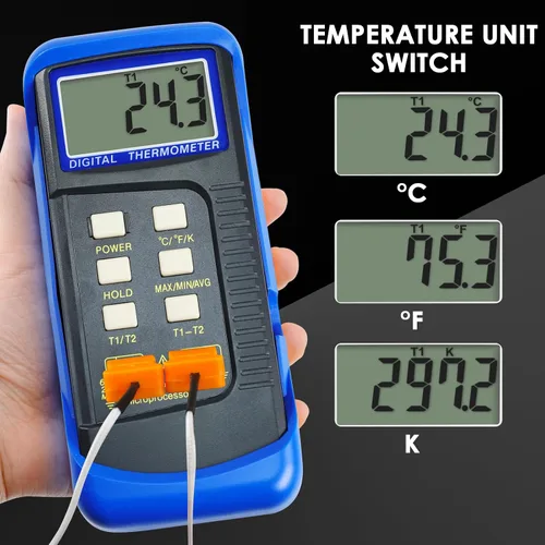 Vista 7 de Termómetro de termopar digital tipo K de doble canal Termómetro HVAC Medidor de temperatura con 4 termopares, medición de temperatura MAX/MIN/PROM