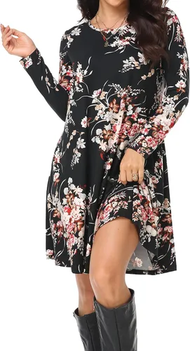 Vista 4 de Vestido casual para mujer, holgado, de manga larga, con volantes, cuello redondo, con bolsillos