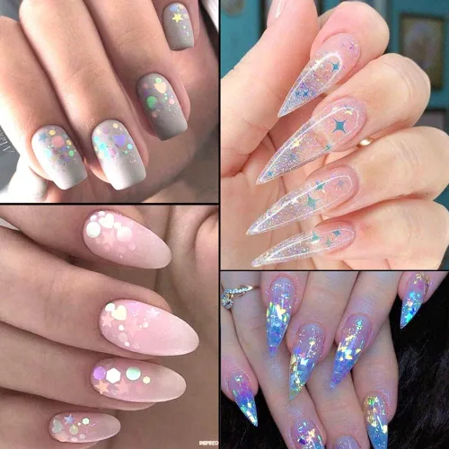 Vista 4 de 24 rejillas de lentejuelas holográficas para uñas y 1 pinza Adhesivo iridiscente con purpurina de copos de sirena ultra finos y coloridos