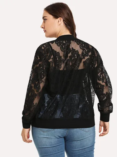 Vista 2 de Floerns Chaqueta de béisbol de manga larga con encaje floral transparente para mujer