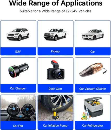 Vista 5 de Adaptador divisor de encendedor de cigarrillos para automóvil, 2 enchufes, cable de extensión de salida múltiple de 12 V-24 V, doble enchufe hembra