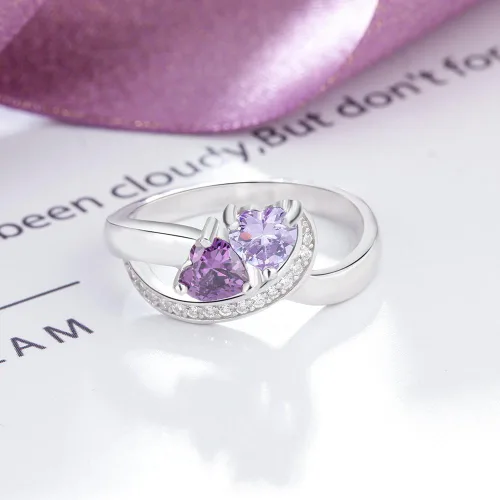 Vista 6 de Diamondido Anillos con nombre personalizado, 2 piedras natales de imitación, anillos de promesa para mujeres, parejas, anillos de compromiso, Piedra