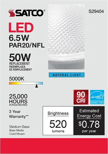 Vista 7 de Satco S29404 - Bombillas reflectoras LED PAR20 de 6,5 W, 5000 K, luz diurna, 520 lúmenes, ángulo de haz de 25 lúmenes, 120 voltios, regulable