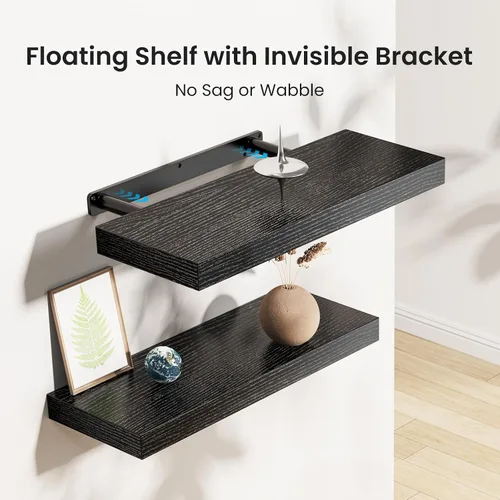 Vista 4 de AMADA HOMEFURNISHING - Estantes flotantes negros, estantes de pared con soportes invisibles para dormitorio, baño, sala de estar, cocina, juego de 3