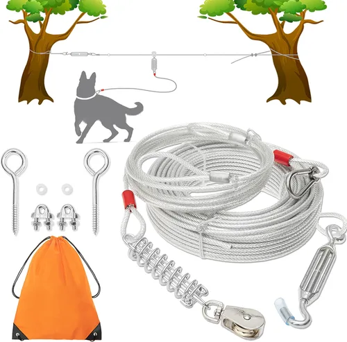 Vista 7 de PAWNISAW Cable de corredor de perro para patio, sistema de carrito de amarre para perros de 100 pies + 10 pies Verde