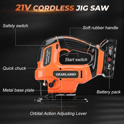 Vista 3 de Sierra caladora inalámbrica de 21 V con 2 baterías de 2.0 Ah, rompecabezas de velocidad variable de 2800 RPM para madera y metal, 4 ajustes
