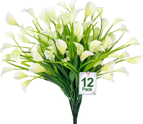 Vista 12 de TURNMEON 12 paquetes de flores artificiales de lirio de cala (240 cabezas), plantas falsas para exteriores, plantas falsas resistentes a los rayos