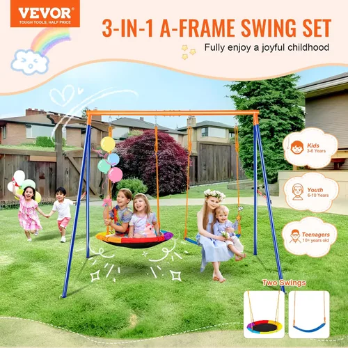 Vista 2 de VEVOR Juegos de columpios para patio trasero, con 1 asiento de columpio de platillo, 1 asiento de columpio de cinturón, juego de columpio
