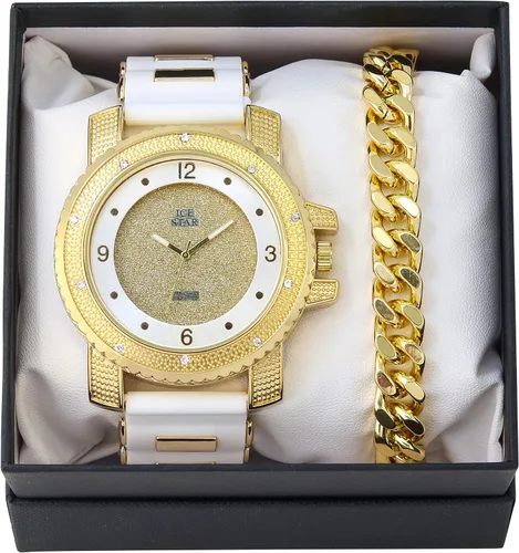 Vista 6 de Techno Pave Reloj de gran tamaño de 2.047 in para hombre, bisel brillante, esfera redonda, correa de silicona, acabado en oro y plata de 14