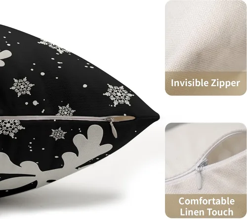 Vista 2 de Juego de 2 fundas de almohada lumbar de Navidad negras de 12 x 20 pulgadas, diseño rústico de copos de nieve de ciervos de Navidad, almohadas