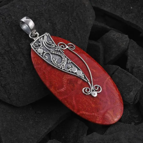 Vista 2 de SHOP LC 925 plata esterlina declaración rojo coral colgante para mujeres joyería regalos joyería regalos día de San Valentín, Metal