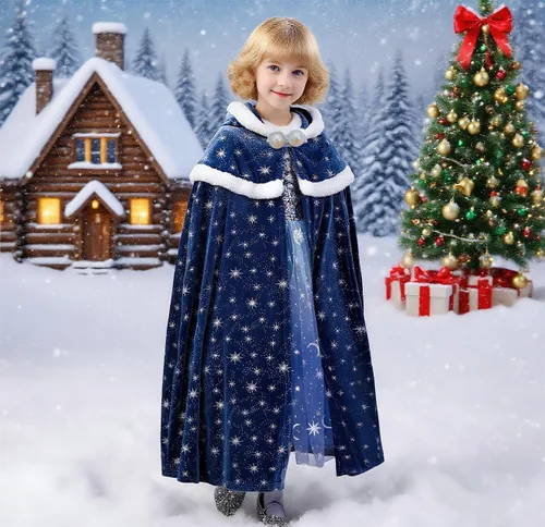 Vista 2 de Capa de Terciopelo para Niñas Elsa, Capa para Niños Pequeños con Capucha, Vestido de Disfraz Infantil