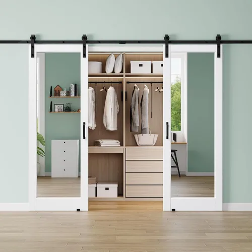 Vista 31 de 30"x84" 1-Lite Double Side Mirror Barn Door Slab with 6FT Track Kit, Handle White / 1-Lite Double Side Mirror