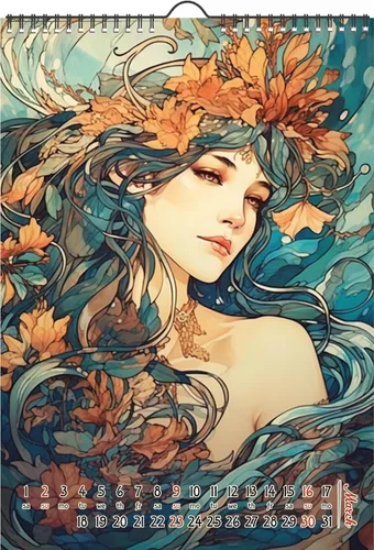 Vista 3 de Calendario de pared 2025 [12 páginas de 8 x 12 pulgadas] Hermosas mujeres con vestidos azules rodeados de flores increíbles vintage Art Nouveau
