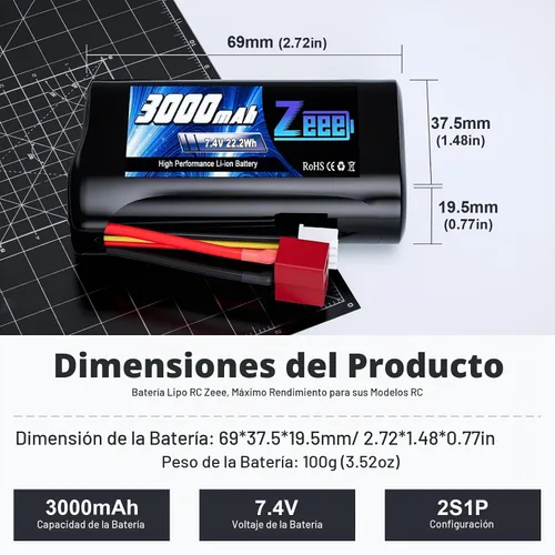 Vista 2 de Zeee 2S Li-ion Batería 3000mAh 7.4V T Conector con cargador de batería 7.4V