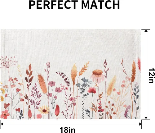 Vista 5 de QIYI Juego de 6 manteles individuales bohemios de 12 x 18 pulgadas, manteles individuales florales de tela de lino para cocina y comedor, manteles