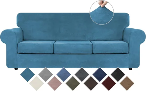 Vista 12 de WEERRW 4 Piezas Fundas de Terciopelo de Alta Elasticidad para Sofá de 3 Cojines Fundas de Sofá, Protector de Muebles Lavable con Parte Inferior