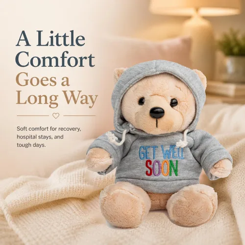 Vista 3 de Ganz Oso de peluche Get Well Soon de 9 pulgadas con capucha gris, regalo para niños y mujeres (animal de peluche de nariz bronceada)