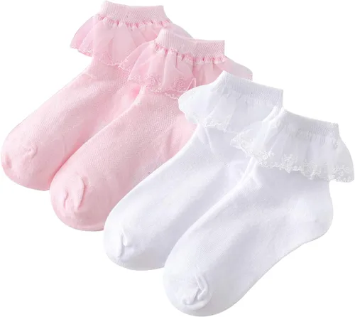 Vista 9 de Looching 4 pares de calcetines de encaje de princesa de algodón con volantes sólidos para niñas pequeñas