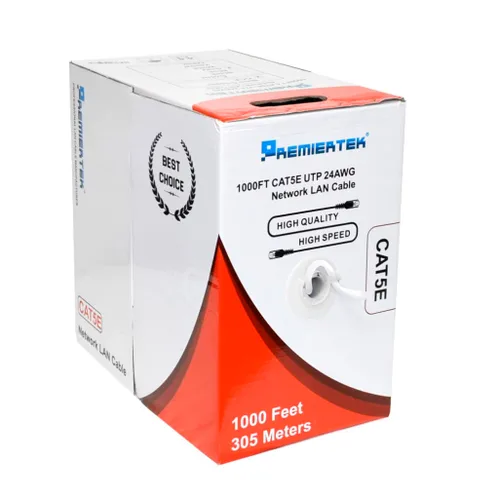 Vista 3 de Premiertek 1000 pies Cat5e 24AWG CCA UTP sólido 4 pares de cable LAN Ethernet de red a granel blanco (CAT5E-1KFT-W)