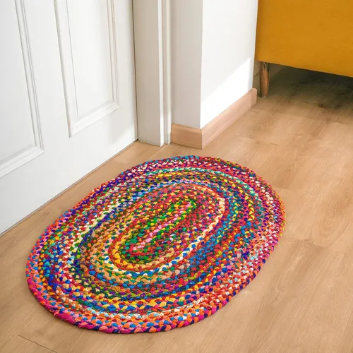 Vista 13 de RAJRANG Alfombra reversible Chindi de trapo, de algodón de 2 x 3 pies, hecha a mano, trenzada, multicolor, alfombra bohemia