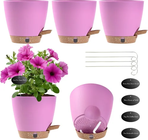 Vista 17 de Paquete de 5 macetas de riego automático de 6 pulgadas para plantas de interior, macetas pequeñas de plástico con indicador de nivel de agua