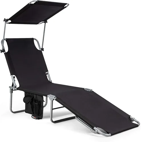 Vista 11 de Giantex Silla bronceadora, tumbona de patio con 5 posiciones ajustables, toldo de sombra, bolsillo de almacenamiento, cuna de campamento, sillón