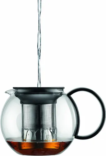 Vista 3 de Bodum Prensa de té de vidrio Assam de 34 oz con filtro de acero inoxidable, tapa de plástico negro