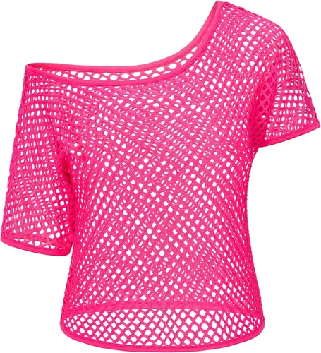 Vista 4 de Yuriko Disfraz de fiesta de los años 80 para mujer, camiseta de neón con hombros descubiertos, dos piezas con accesorios de disfraces de los años 80