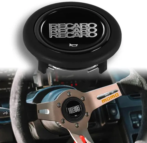 Vista 17 de Q1-TECH, botón redondo JDM universal para volantes aftermarket de 6 pernos con abertura de dos pulgadas 2" para botón de bocina (AUD-BK)