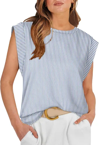 Vista 37 de WIHOLL Camisetas de mangas casquillo para mujer, camisetas básicas de verano, camisetas informales sin mangas, ajuste holgado, a la moda D - Raya