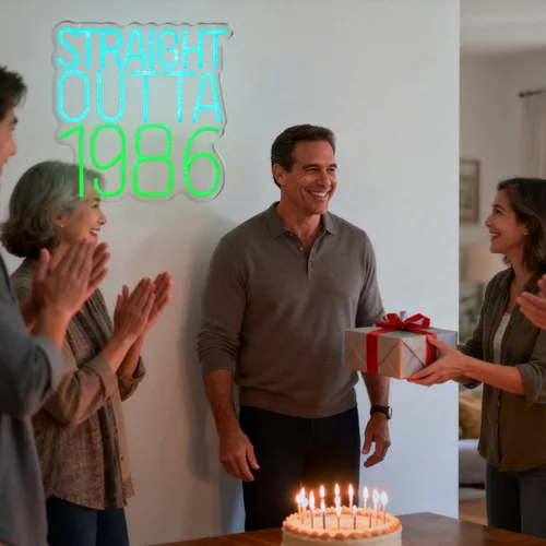 Vista 6 de Straight Outta - Letreros de neón de 1986 con texto en inglés "Happy Birthday", lámpara brillante para 40 años, 40 años, luces de neón retro