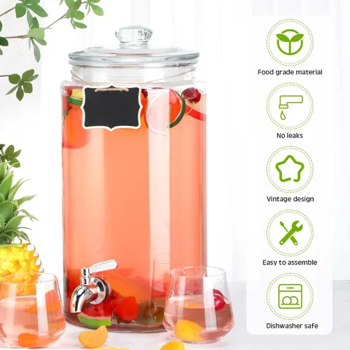 Vista 5 de Bokon Dispensador de bebidas de vidrio de 2 galones para fiestas, dispensador de bebidas con espita de acero inoxidable y pizarra para frasco