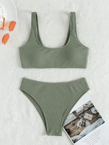Vista 6 de GORGLITTER Conjunto de bikini de cintura alta para mujer, 2 piezas, cuello redondo, top corto, traje de baño