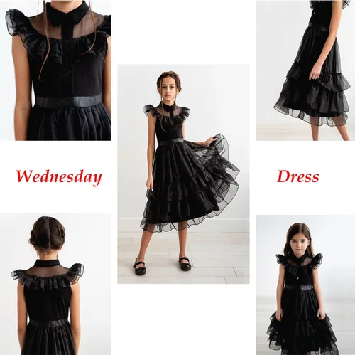 Vista 5 de Disfraz de Miércoles Negro para Niñas para Niñas, Halloween, cosplay, Vestidos de fiesta familiar con cinturón y peluca de 4 a 13 años