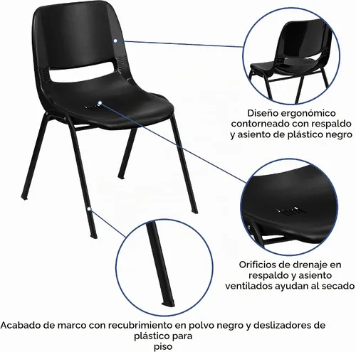 Vista 4 de EMMA + OLIVER Silla apilable ergonómica negra con marco negro y asiento de 16 pulgadas de alto