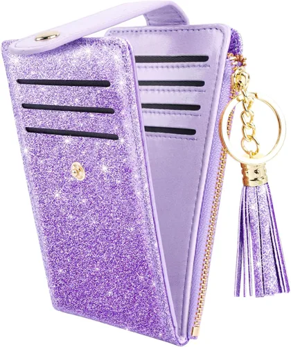 Vista 14 de Cartera delgada con bloqueo RFID para mujer, cartera de cuero con múltiples tarjetas, cartera plegable con borla, bolsillo con cremallera