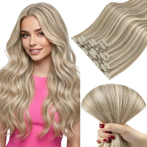 Vista 37 de Ve Sunny Extensiones de cabello clip-in de cabello humano real con reflejos, extensiones de cabello con clip para cabello corto, marrón oscuro