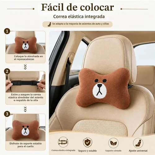 Vista 2 de CHERISH - Almohada para el cuello del automóvil, paquete de 2 cojines de apoyo para reposacabezas de oso, accesorio suave y cómodo, reposacabezas