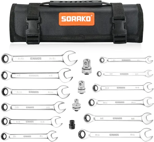 Vista 8 de Llave combinada de trinquete industrial de grado SORAKO, acero Cr-V con engranaje (A-10mm métrica)