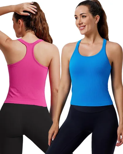 Vista 11 de Women's Workout Tank Tops, with Built in Bra Racerback Seamless Crop Tops Negro Blanco Gris 3 Pack