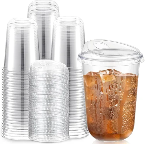 Vista 15 de Baderke 100 vasos de plástico con tapas para sorber, fondo redondo, vasos de café de plástico desechables con tapas, tazas de cristal transparentes