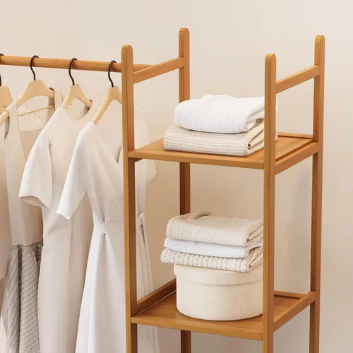 Vista 6 de Perchero de Ropa de Bambú, Perchero con Cajones y Estantes, Estantes de Almacenamiento de 5 Niveles con 6 Ganchos para Colgar, Armario Closet