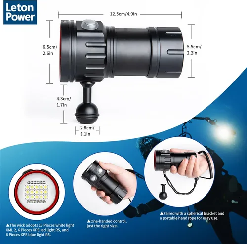 Vista 4 de B15 Luz de Buceo Subacuática 8000 Lúmenes Luces de Vídeo Subacuáticas 80m Luz de Buceo para Deportes Bajo el Agua, Filmación Submarina y Fotografía