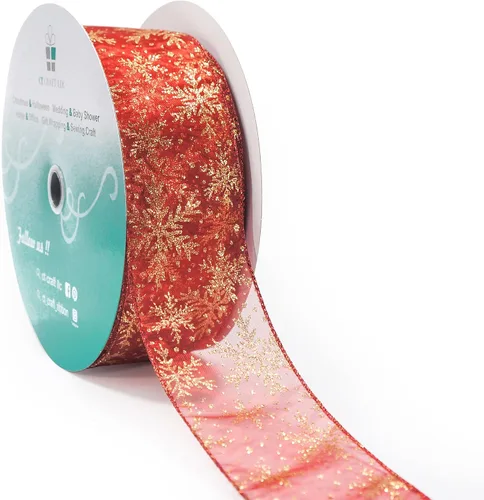 Vista 8 de Cinta con alambre de organza con copos de nieve dorados de champán para decoración navideña del hogar, lazo para la parte superior del árbol