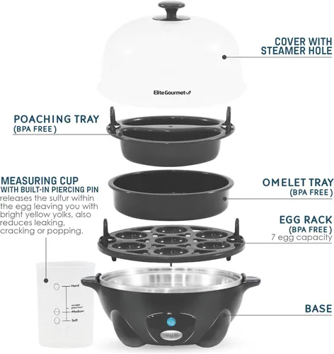 Vista 2 de Elite Gourmet EGC710DKG Cocedor Rápido de Huevos, 7 Huevos Hervidos Fáciles de Pelar, Duros, Medianos, Suaves, Escalfador, Máquina para Omelettes