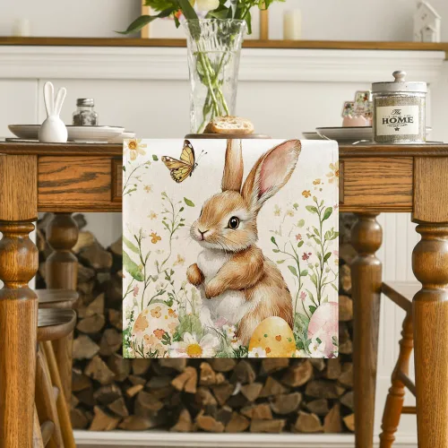Vista 2 de Artoid Mode Camino de mesa de Pascua, conejo, conejo, mariposa, huevos, flores, Pascua, cocina, comedor, decoración para decoración de fiesta