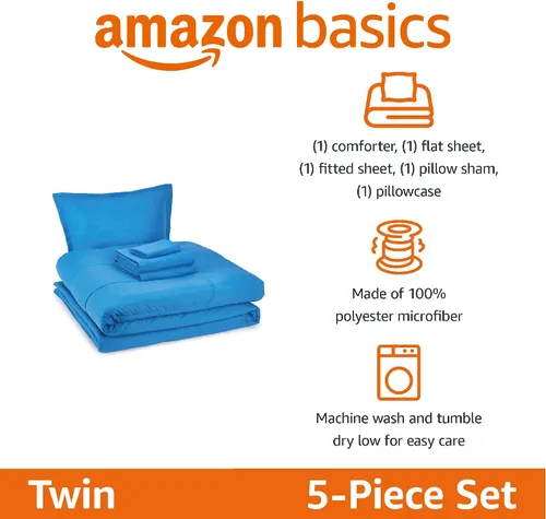Vista 2 de Amazon Basics Juego de ropa de cama de microfibra de 5 piezas Bed-in-a-Bag para niños, individual, azul, sólido