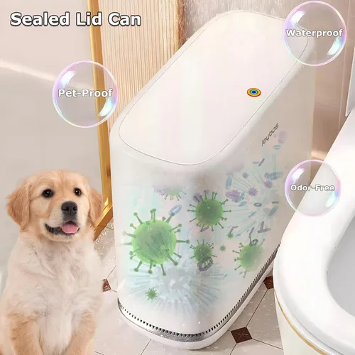 Vista 3 de O-MART Basurero de baño con tapa, delgado de 3.2 galones, cesta de basura superior de prensa estrecha para control de olores y a prueba de perros