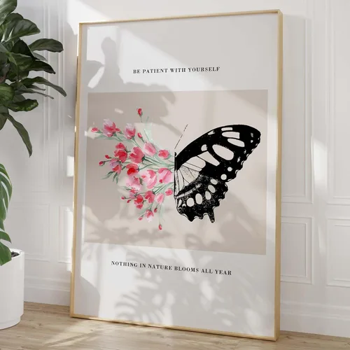 Vista 8 de Be Patient with Yourself Art Butterfly Flower Picture Mental Health Wall Art Watercolor Flower Poster Positive Afirmations Pictures Black Butterfly